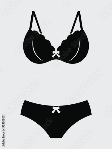 A black two piece lingerie set featuring a scalloped bra and matching briefs with small bow detail isolated on white background, Vector, illustration
