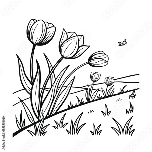 Set of 6 black and white tulip flowers vector illustration