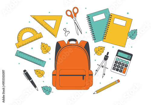 Back to School Illustration with Orange Backpack and Essential Stationery Supplies