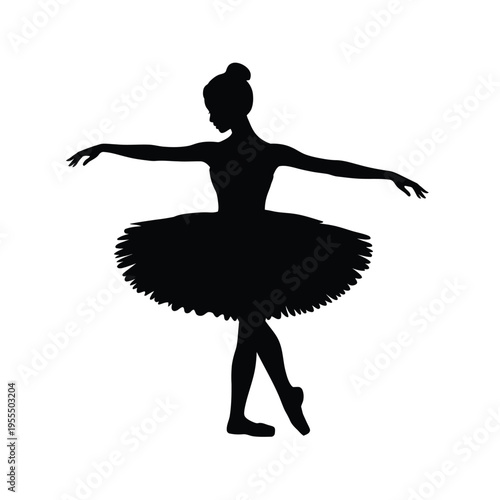 A graceful silhouette of a female ballerina performing a classical dance pose in a wide tutu skirt isolated on white background, Vector, illustration