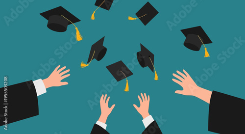 Graduation Celebration Illustration with Hands Throwing Mortarboards into the Air, Achievement and Success Concept on Dark Background