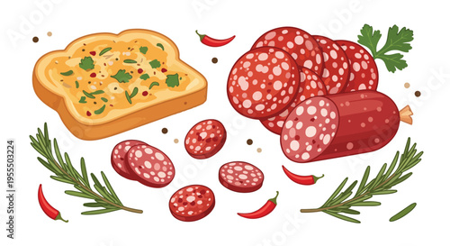 Flat lay illustration of toasted bread with herbs and various sliced cured meats with spices and herbs on a white background.
