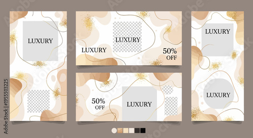 Luxury Social Media Template Set for Stories and Posts, Elegant Beige and Gold Abstract Designs with Fluid Shapes and Glitter for Fashion and Beauty Marketing