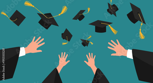 Graduation Celebration Illustration with Hands Throwing Mortarboards and Tassels in Air, University Commencement Success Concept