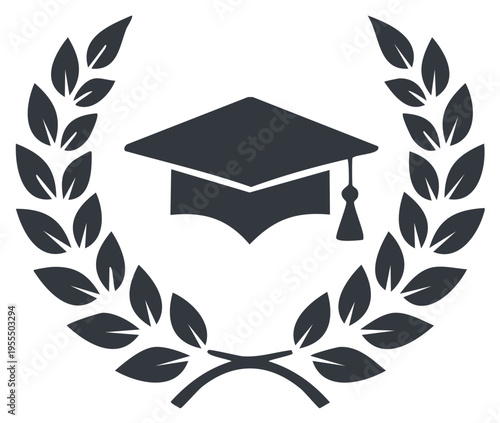 Academic Achievement Symbol Mortarboard Cap in Laurel Wreath Graduation Celebration Icon