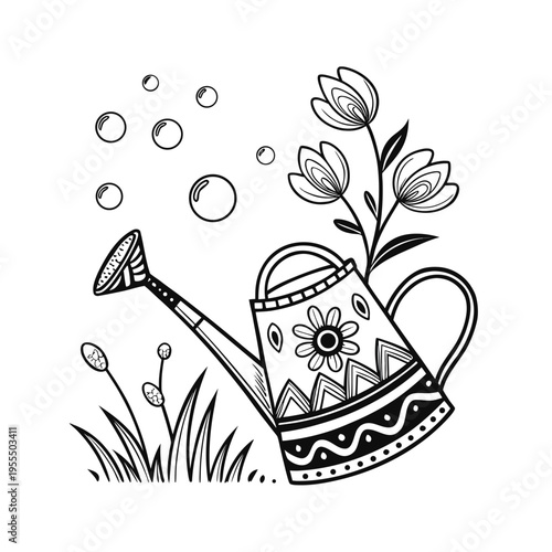 Vector illustration of watering can with flowers and grass