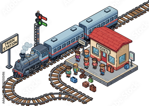 Isometric train station with passengers, luggage and tickets, a nostalgic scene of travel and transportation