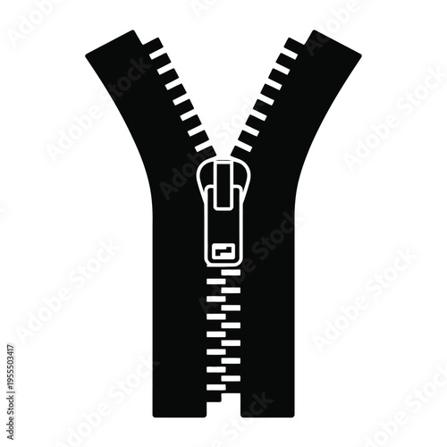 A black silhouette illustration of a garment zipper being partially opened to reveal the mechanism isolated on white background, Vector, illustration