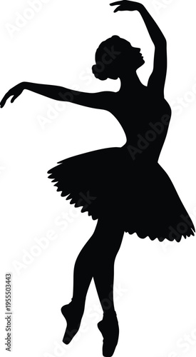 Black silhouette of a graceful ballerina performing a classic dance move in a traditional tutu isolated on white background, Vector, illustration