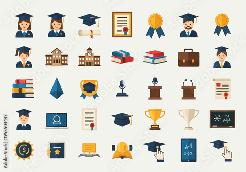 Education and Graduation Icons Set: Flat Vector Symbols for University, College, and Academic Success