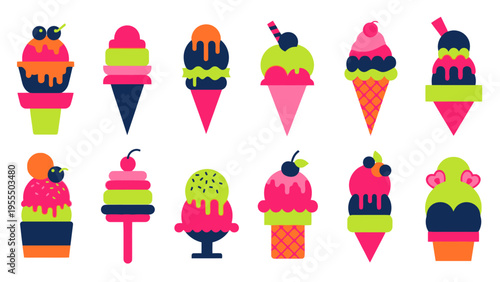 Colorful and Playful Cartoon Ice Cream Cones and Cups Illustration
