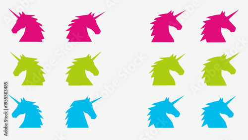 Colorful Array of Stylized Unicorn Silhouettes in Pink Green and Blue for Creative Designs