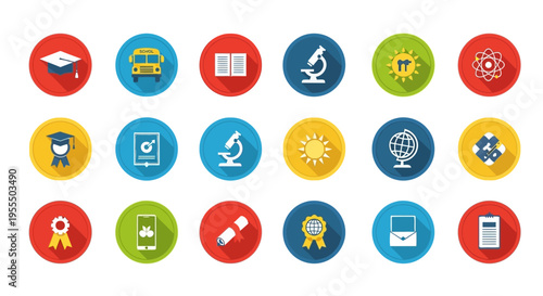 Comprehensive Collection of School and Education Flat Icons with Long Shadows, Featuring Graduation Cap, School Bus, Microscope, and Science Symbols