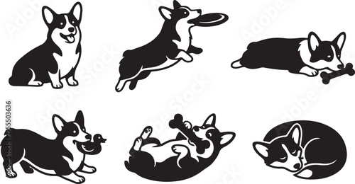 Six black and white corgi silhouettes in different poses