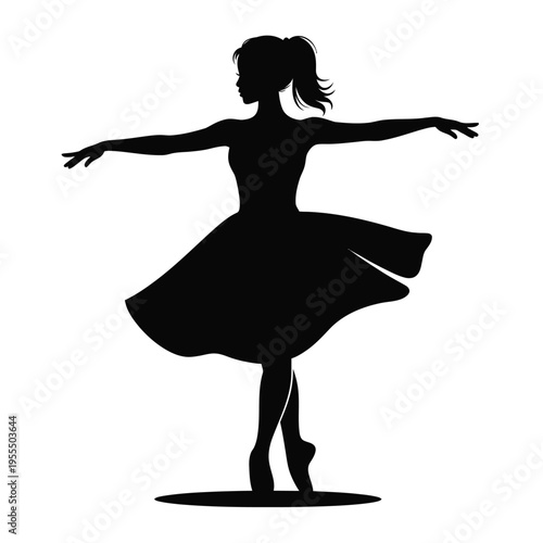 Elegant silhouette of a graceful young ballerina performing a dance movement with arms outstretched isolated on white background, Vector, illustration