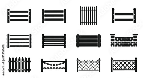 Collection of various fence designs and gates in black silhouette on a white background.