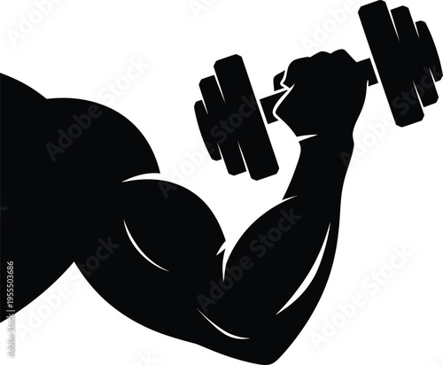 A strong muscular arm flexing and holding a heavy metal dumbbell for bicep workout and training isolated on white background, Vector, illustration