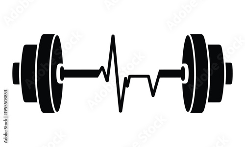 Black silhouette icon of a heavy dumbbell integrated with a heart rate pulse line for fitness isolated on white background, Vector, illustration