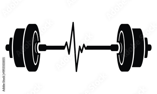 Black barbell icon with a heartbeat pulse symbol integrated into the center of the metal bar isolated on white background, Vector, illustration
