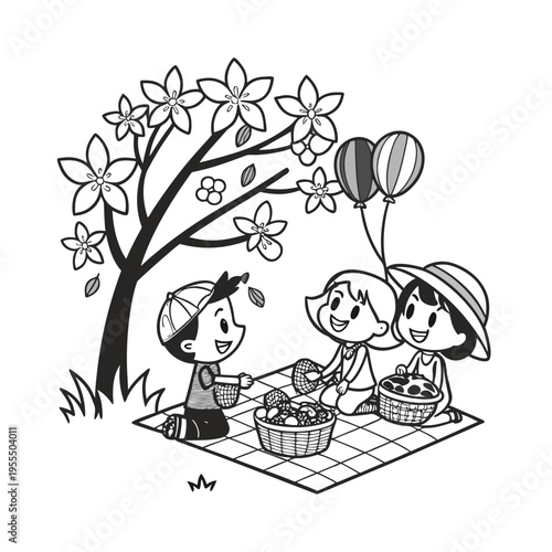 Vector illustration of 3 children having picnic under blooming tree