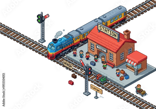A charming pixel art illustration of a bustling train station with a vintage train arriving at the platform, people with luggage waiting, and signal lights indicating passage