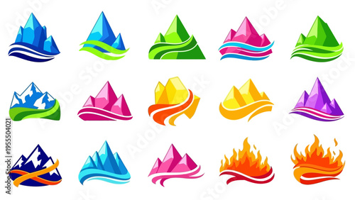 Colorful Mountain and Fire Icons Collection with Various Color Schemes for Design