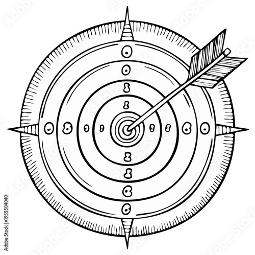 Illustration of target with arrow hitting center bullseye precise aiming success in black and white