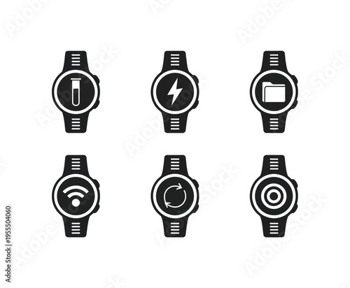 A collection of smart watch icons featuring various digital interface symbols for modern devices isolated on white background, Vector, illustration