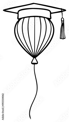 Graduation balloon illustration, black outline design. Academic achievement symbol.