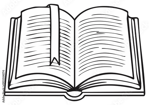 Line art illustration of open book with bookmark for learning or reading themes.