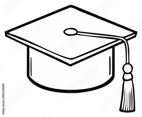 Simple black and white line art drawing of a graduation cap with tassel symbolizing education and success
