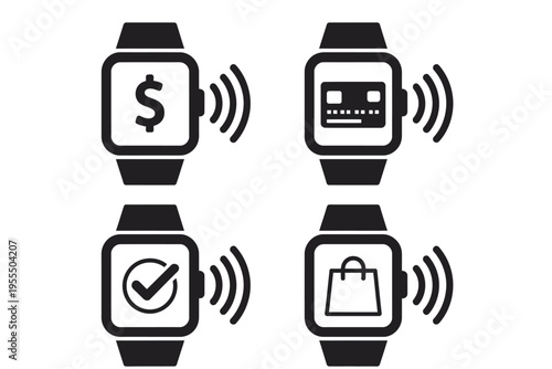 Set of four black smart watch icons depicting various contactless payment and shopping operations isolated on white background, Vector, illustration