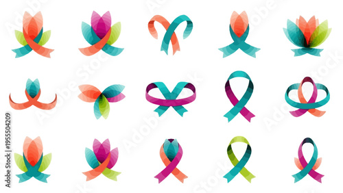 Colorful Ribbon and Lotus Flower Awareness Symbols in a Diverse Arrangement for Compassion and