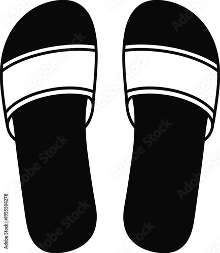 A pair of simple black slide sandals with a white horizontal stripe across the top foot strap area isolated on white background, Vector, illustration