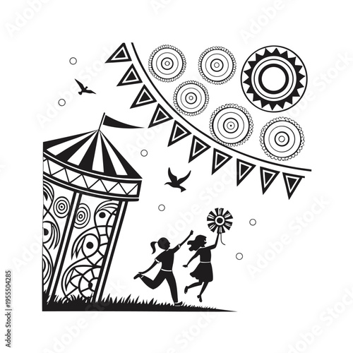Black and white vector illustration of 2 girls playing near carnival tent