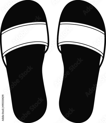A pair of comfortable black slide sandals featuring a wide white horizontal strap across the front isolated on white background, Vector, illustration