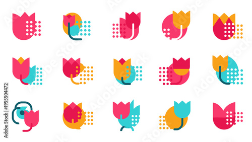Colorful Tulip Illustrations with Modern Geometric Design and Dotted Accents