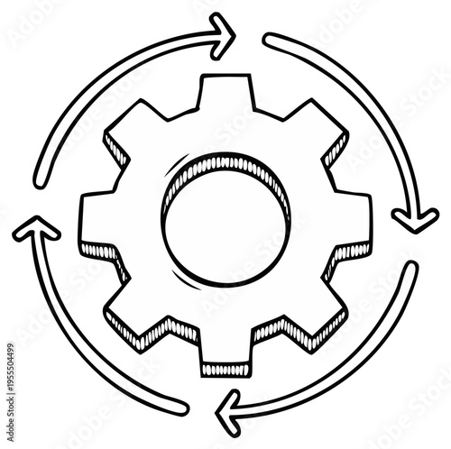 Illustration of gear icon surrounded by rotating arrows, symbolizing process flow, business workflow and production cycle in black and white