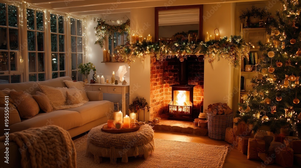 Obraz premium Cozy Christmas Living Room with Burning Fireplace and Tree