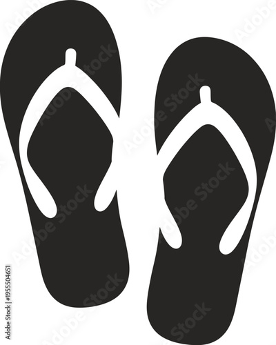 A pair of simple black flip flop sandals illustrated as a flat graphic icon for summer footwear isolated on white background, Vector, illustration