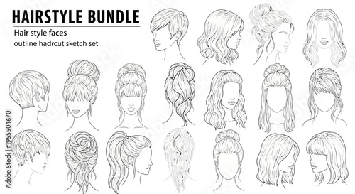 Comprehensive collection of hairstyling sketches showcasing various haircuts and hair face