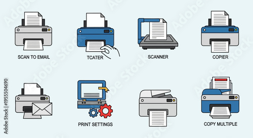 Comprehensive collection of office printers and scanning devices illustration