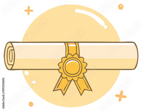 Cartoon style diploma scroll with ribbon rosette, graduation symbol