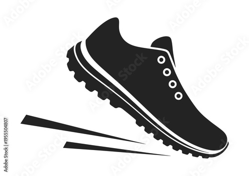 A minimalist black and white graphic icon of a dynamic running shoe in a fast motion forward stride isolated on white background, Vector, illustration
