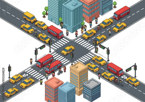 Isometric city intersection with busy traffic and pedestrians, showcasing urban life and infrastructure