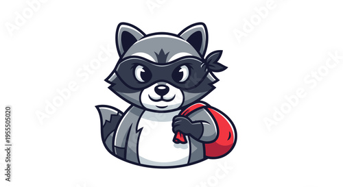 Cute cartoon raccoon character wearing a mask and carrying a red backpack for children or
