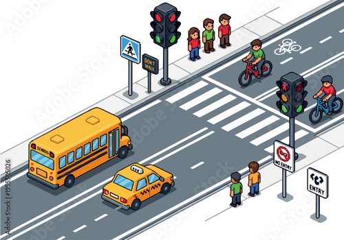 Isometric illustration of a busy city street scene with a school bus, taxi, cyclists, pedestrians, and traffic signals, depicting urban transportation and road safety