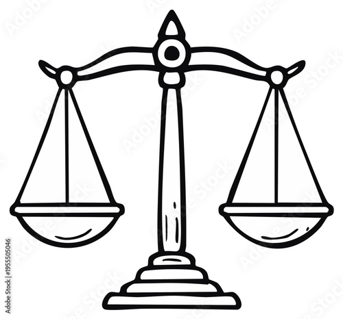 Simple line drawing of an antique balance scale representing justice and equality