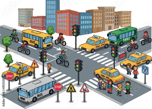 Busy city intersection with cars, buses, and cyclists navigating traffic lights and road signs