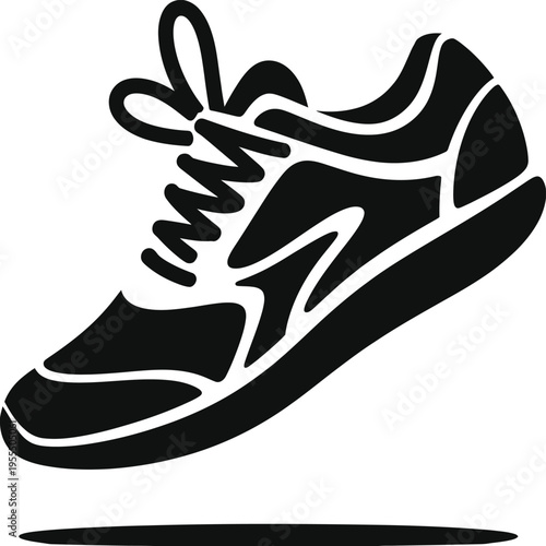 A black and white graphic illustration featuring a side profile view of a modern athletic sneaker isolated on white background, Vector, illustration